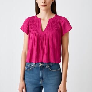 Free People Padma Pink Raw Hem Short Flutter Sleeve V-Neck Sheer Blouse Top Sz S